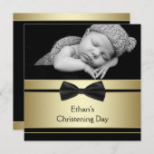 Gold Black Bow Krawatte Baby Boy Foto Christening Einladung (Vorne/Hinten)