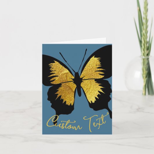 GOLD BLACK BUTTERFLY CUSTOM SCRIPT TEXT DENIM BLUE KARTE (Vorderseite)