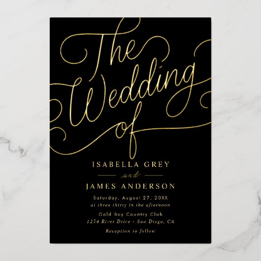 Gold Black Calligraphy Script Wedding Folieneinladung (Vorderseite)