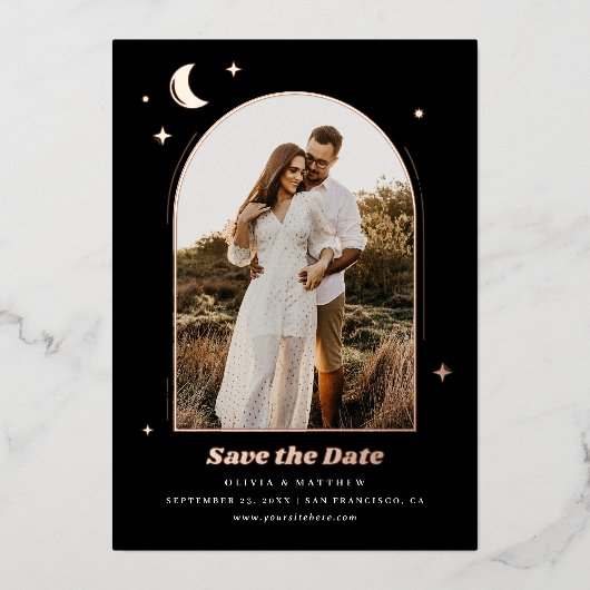 Gold Black Celestial Save the Date | Moon Foto Folieneinladung (Vorderseite)