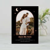 Gold Black Celestial Save the Date | Moon Foto Folieneinladung (Stehend vorne)