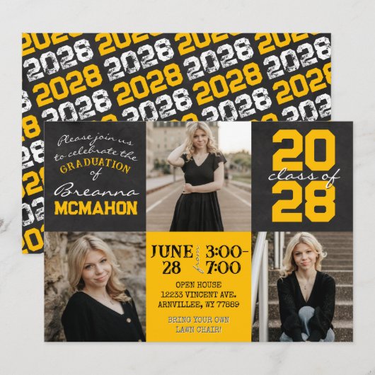 Gold & Black Chalkboard 3 Foto Abschluss Einladung (Vorne/Hinten)