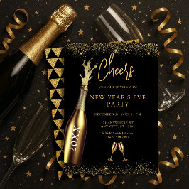 Gold & Black Champagne Bottle New Year's Eve Party Einladung