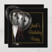 Gold Black Champagne Mans Birthday Party Einladung (Vorne/Hinten)