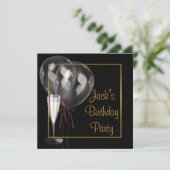 Gold Black Champagne Mans Birthday Party Einladung (Stehend Vorderseite)