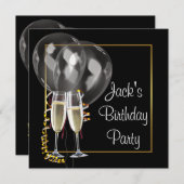 Gold Black Champagne Mans Birthday Party Einladung (Vorne/Hinten)