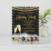 Gold Black Champagne Weihnachten Party 2 Einladung (Stehend Vorderseite)