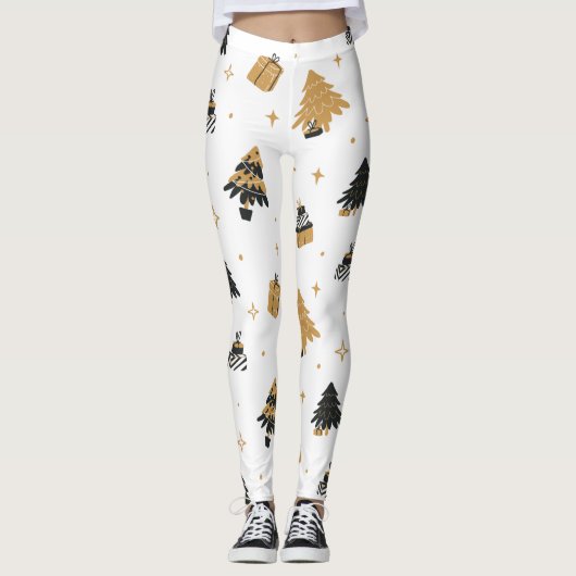 Gold Black Christmas Tree Muster Leggings (Vorderseite)