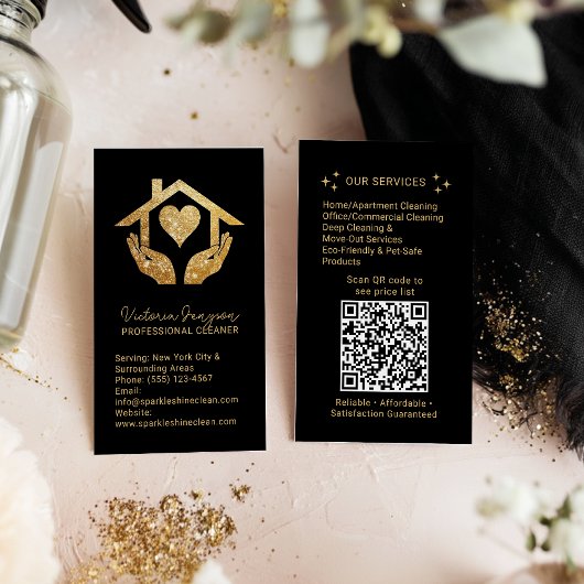 Gold Black Cleaning Service Maid QR Code Logo Visitenkarte