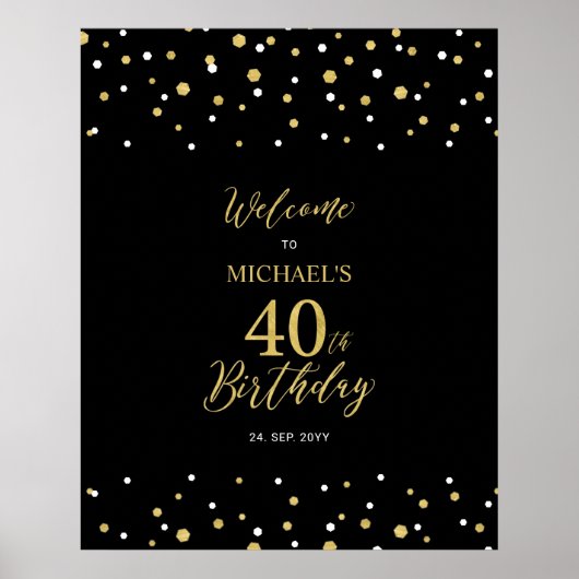 Gold & Black Confetti 40. Geburtstag Party Willkom Poster (Vorne)