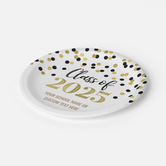 Gold Black Confetti Abschluss 2025 Pappteller (Schrägansicht)