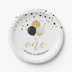 Gold & Black Confetti Balloons 1. Geburtstags-Part Pappteller