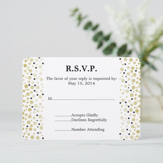 Gold Black Confetti Dots Wedding RSVP (Stehend Vorderseite)