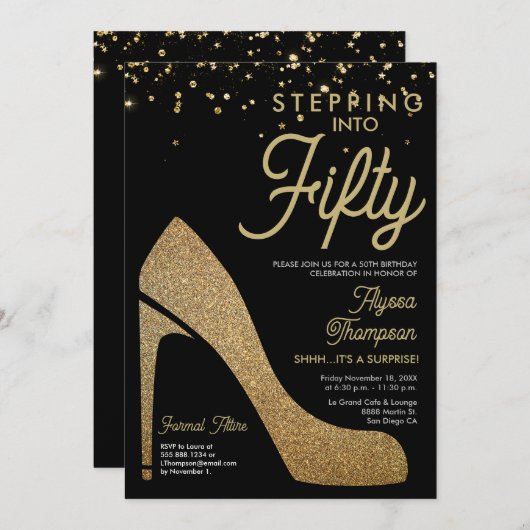 Gold Black Confetti Formal Überraschung 50. Geburt Einladung (Vorne/Hinten)