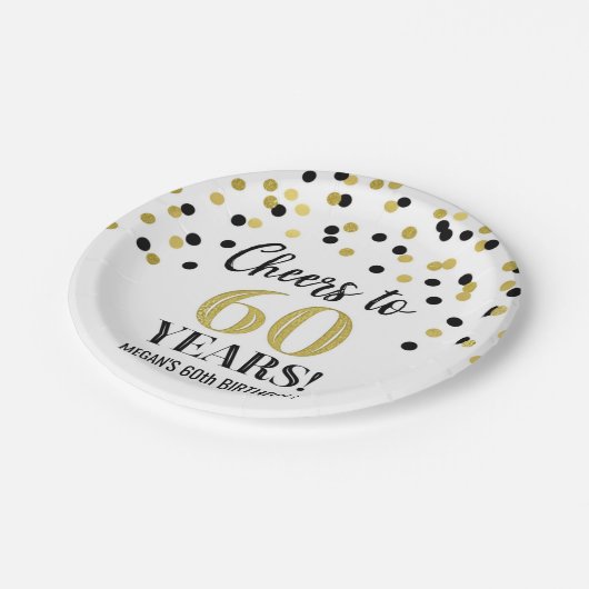 Gold Black Confetti freut sich auf 60 Jahre Geburt Pappteller (Schrägansicht)