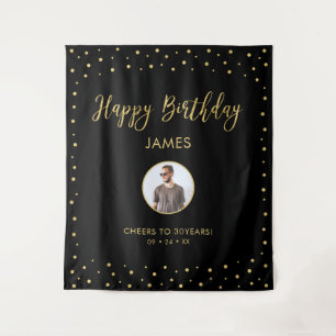 Gold & Black Confetti Glückliches Geburtstags-Fo Wandteppich