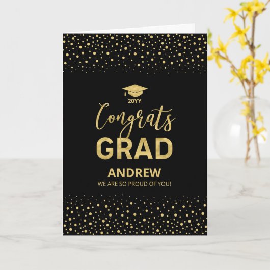 Gold & Black Confetti Glückwunschs Grad Abschluss Karte (Gelbe Blume)