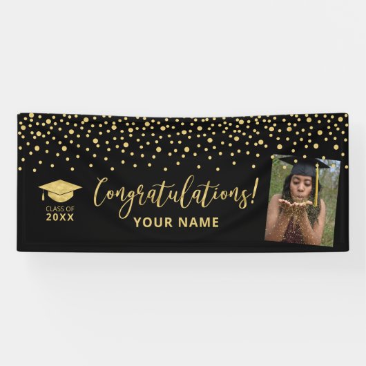 Gold & Black Confetti Gratulation Abschluss Banner (Horizontal)