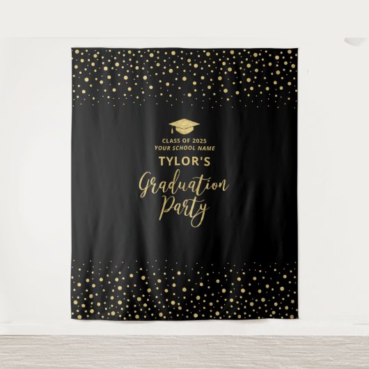 Gold & Black Confetti | Hintergrund der Absolvente Wandteppich (Vorderseite)