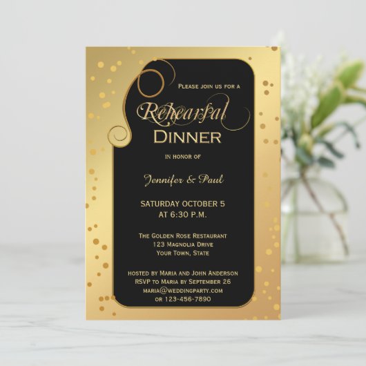 Gold Black Confetti Probe Dinner Einladung (Stehend Vorderseite)