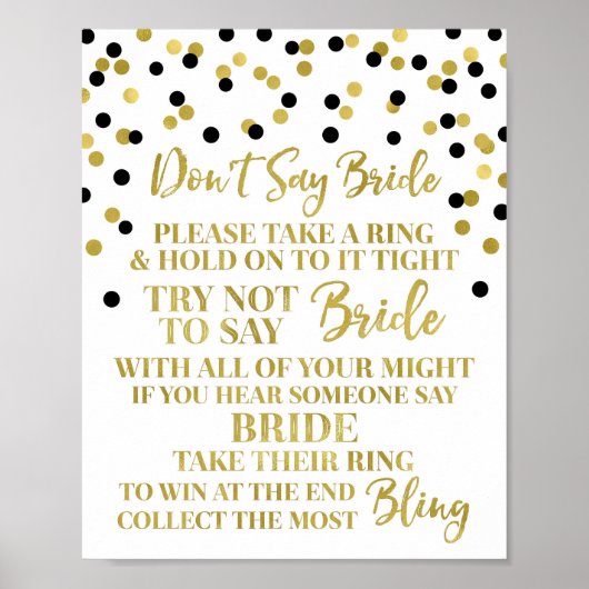 Gold Black Confetti Sage nicht Bride Game Sign Poster (Vorne)