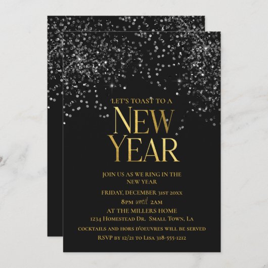 Gold Black Confetti Silvester Party Einladung (Vorne/Hinten)