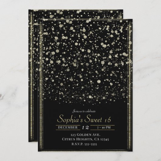 Gold & Black Confetti Spritzer Sweet 16 Party Einladung (Vorne/Hinten)