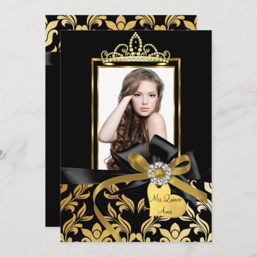 Gold Black Damask Bow Foto Quinceanera Einladung (Vorne/Hinten)