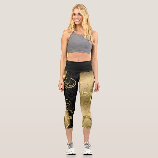 Gold & Black Damask Capri Leggings (Vorderseite)