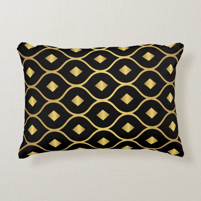 Gold Black Damask Diamond Muster Dekokissen (Vorderseite)