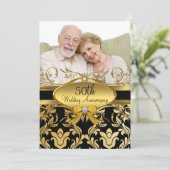 Gold Black Damask Foto 50 Jahre Einladung (Stehend Vorderseite)