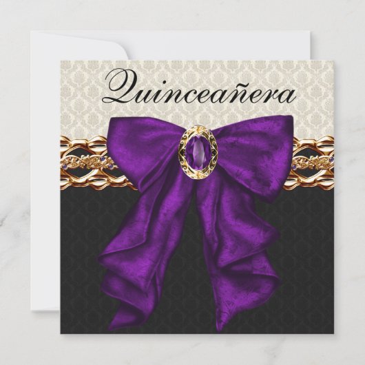 Gold Black Damask Lila Quinceanera Einladung (Vorderseite)
