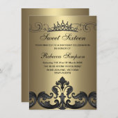 Gold & Black Damask & Tiara Einladung zum Geburtst (Vorne/Hinten)