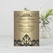 Gold & Black Damask & Tiara Einladung zum Geburtst (Stehend Vorderseite)
