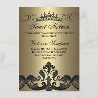Gold & Black Damask & Tiara Einladung zum Geburtst