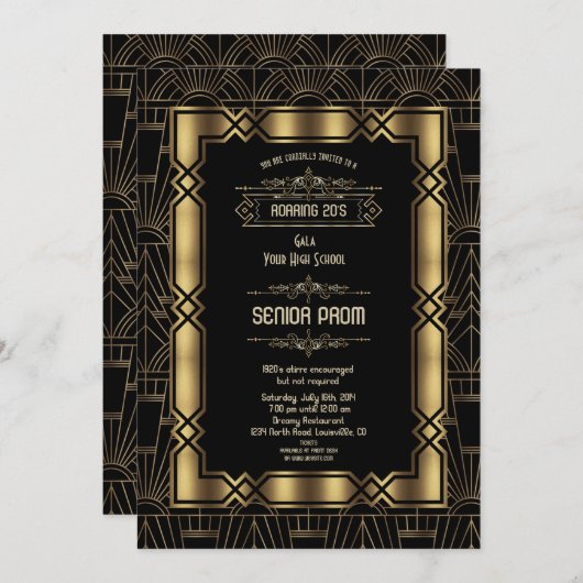 Gold Black Deko Gatsby 1920s Style Senior PROM Einladung (Vorne/Hinten)