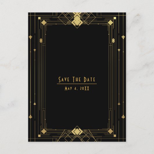 Gold Black Deko Gatsby Roaring 20's Save the Date Ankündigungspostkarte (Vorderseite)