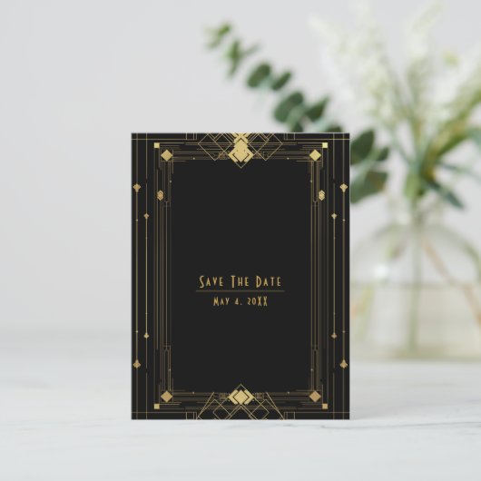 Gold Black Deko Gatsby Roaring 20's Save the Date Ankündigungspostkarte (Stehend Vorderseite)