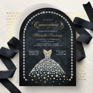 Gold Black Diamonds Elegant Quinceanera Invitation Einladung