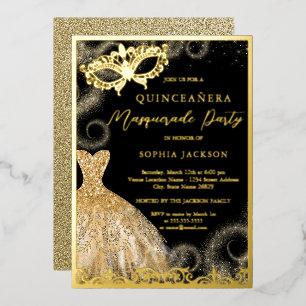 Gold Black Dress Masquerade Party Quinceanera Folieneinladung