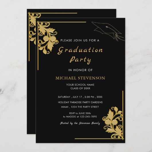 Gold Black Elegant Grad Party Einladung Card (Vorne/Hinten)