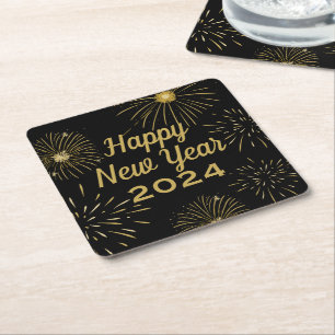 Gold Black Elegant Happy New Year 2025 Party Rechteckiger Pappuntersetzer