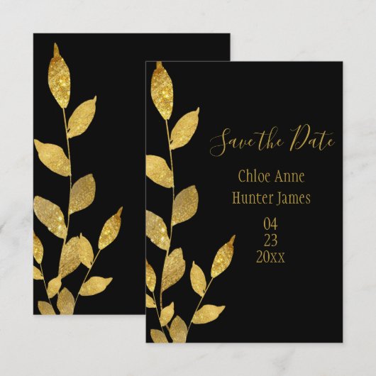 Gold Black Elegant Leaf Moderner Chic Save The Date (Vorne/Hinten)