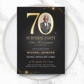 Gold Black Elegant Photo Surprise 70th Birthday Einladung