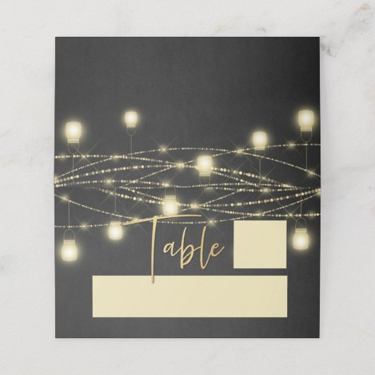 Gold Black Elegant Script String Lights Platzkarte (Außenseite Aufgefaltet)