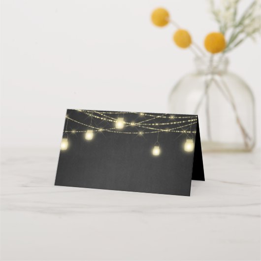 Gold Black Elegant Script String Lights Platzkarte (Rückseite)