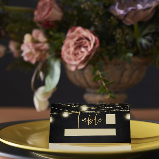 Gold Black Elegant Script String Lights Platzkarte