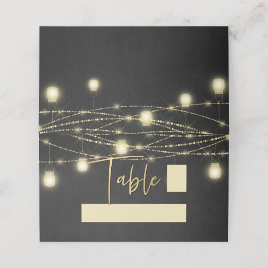 Gold Black Elegant Script String Lights Platzkarte (Außenseite Aufgefaltet)