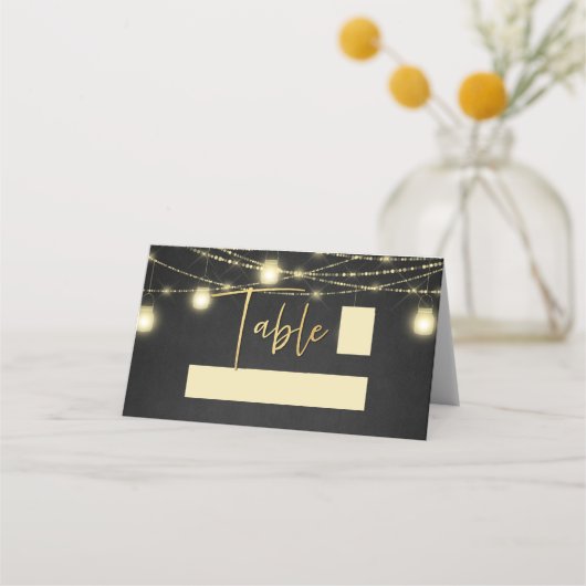 Gold Black Elegant Script String Lights Platzkarte (Vorderseite)