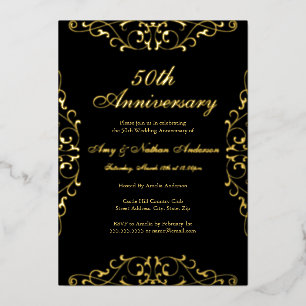 Gold Black Elegant Swirl 50. Hochzeitstag Folieneinladung